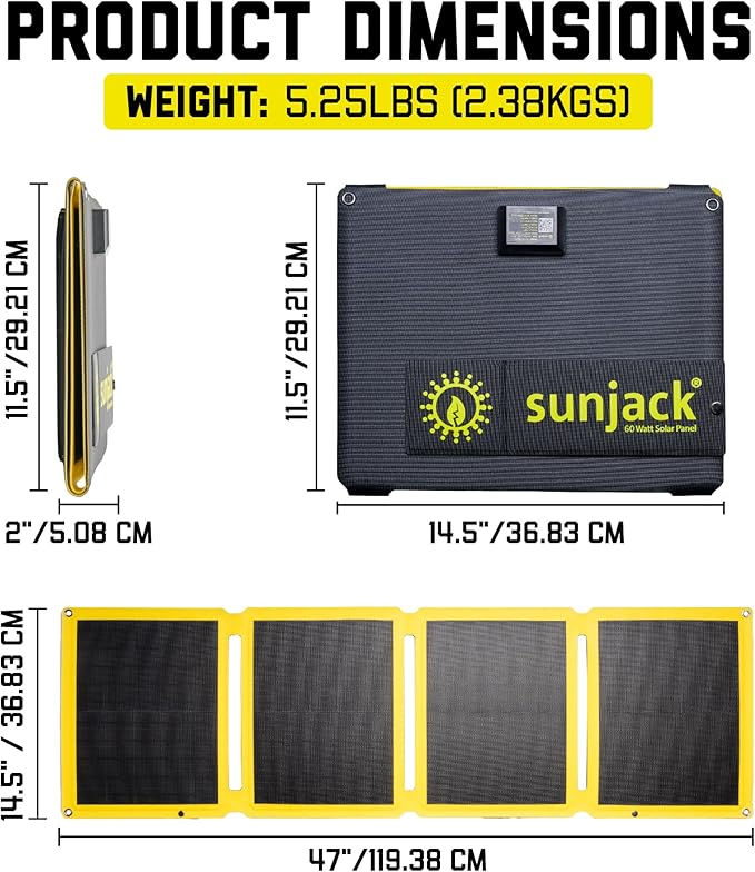 SunJack ??60 Watt Foldable Solar Panel, ETFE Waterproof Portable Solar Panel with Kickstands, USB-C PD30W, USB-A QC3.0, DC Output, Solar Panels for Camping, Hiking, Emergency Power