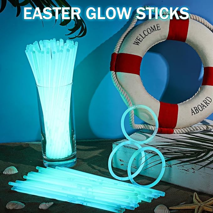 Hanaive 300 Pcs Glow Sticks Bulk 8 Inch Glow in The Dark Party Favors Neon Bracelets and Necklaces Light up Sticks with Connectors for Holiday Birthday Party Supplies(Aqua)