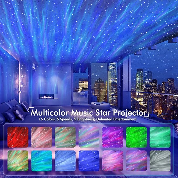Rossetta Star Projector, LED Night Light Aurora Galaxy Projector with Bluetooth Speaker, White Noise, Timer and Remote for Room Decor, Gifts for Kids, Adults, Christmas, Birthday, Black