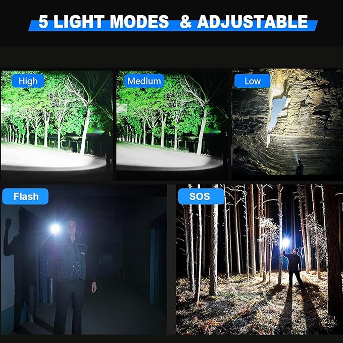 Rechargeable LED Flashlights 10000.00 High Lumens,๐๐๐๐ ๐๐๐ฐ High Powered Waterproof Tactical Flashlight Spotlight Flashlight for Home, Bright Flashlight Black for Outdoor Camping Emergency