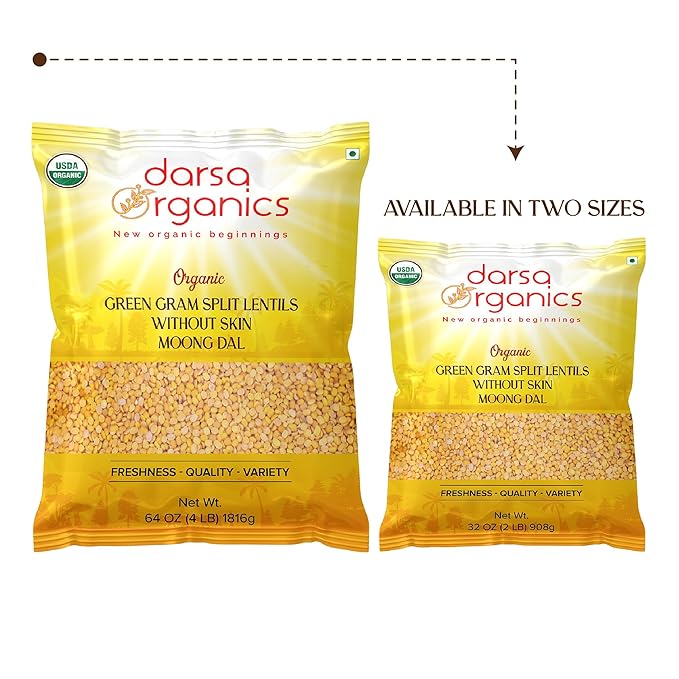 Darsa Organics Yellow Moong Dal (Split Yellow Mung Beans) 2 lb - USDA Organic, Non-GMO, Chemical-Free, Kosher - Protein-Rich Yellow Lentils for Khichdi, Soups, Salads & Stews