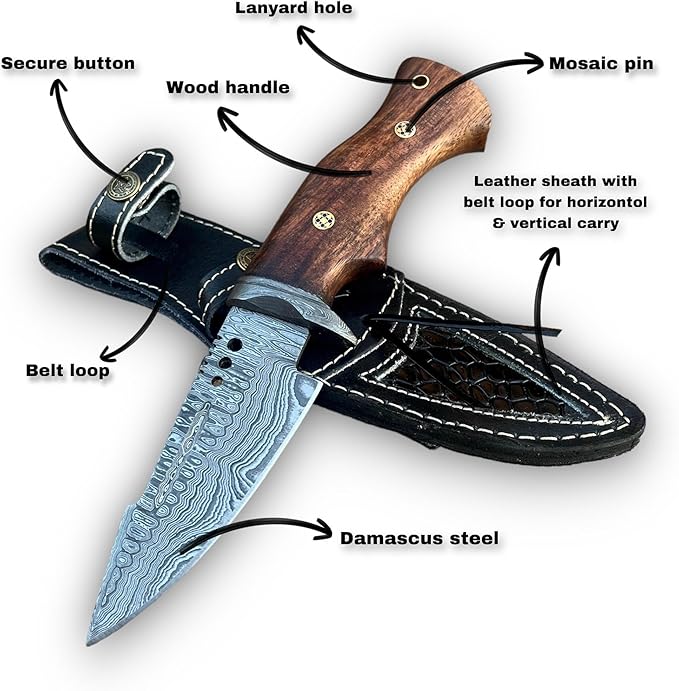BUSHCRAFTS Custom Handmade Fixed Blade Damascus Steel Hunting Knife with Leather Sheath - 10 inch Skinning Survival Outdoor Camping Knives for Men with Horizontal and Vertical Carry