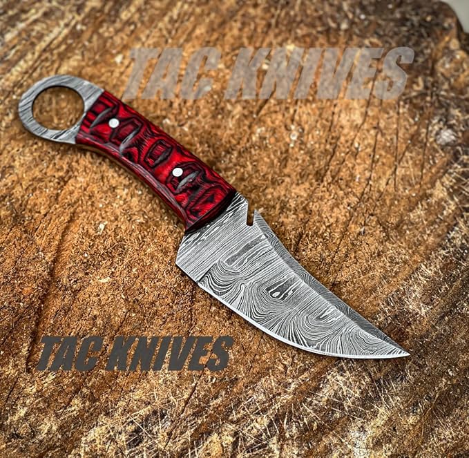 Bushcraft Survival Knife12T27 Damascus Steel Fixed Blade outdoor Knife - Pancake Leather Sheath - Traditional Field Knife for Camping Knife, Fishing, Hunting Knife, (RED)