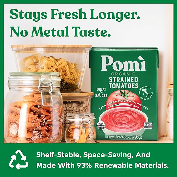 Pomì Organic Strained Tomatoes 26.46oz (Pack of 12)- Creamy, Velvety Puree - 100% Fresh Italian Tomatoes, Made in Italy - No additives, Kosher, Non-GMO, BPA-Free Carton, USDA Certified Organic
