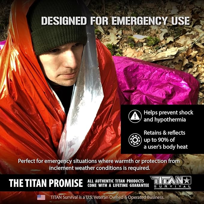 TITAN Survival - Mylar Survival Blankets 5 Pack - 90% Heat Retention & Waterproof Design - Emergency Blanket Cold Weather Protection & Survival Kits - Durable Space Blanket for Outdoor Use