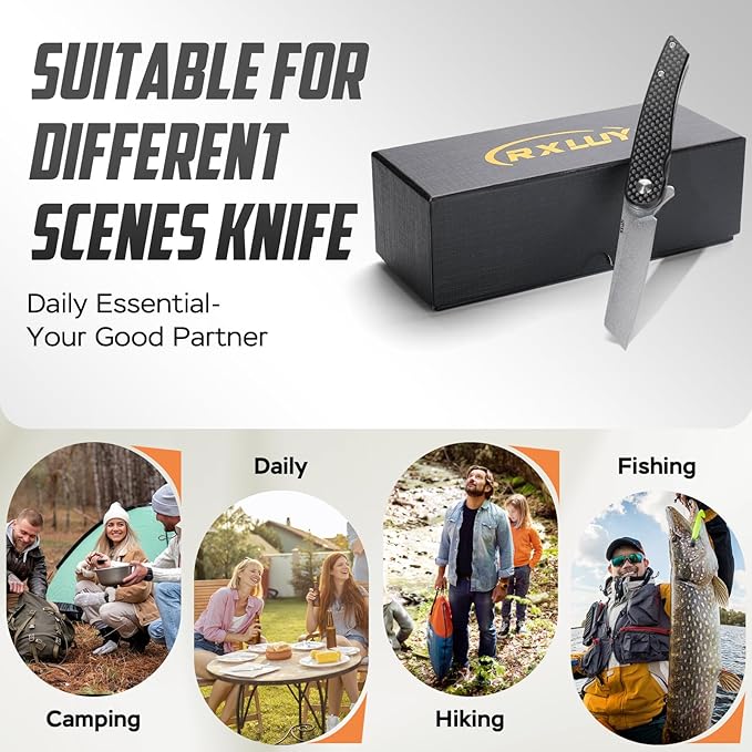 Folding Pocket Knife, 2.79??14C28N Steel Blade Carbon Fibre Handle Flipper Liner Lock Small Praxis EDC Folding Knife, Sharp Camping Outdoor Survival Knives for Men Women (Black)