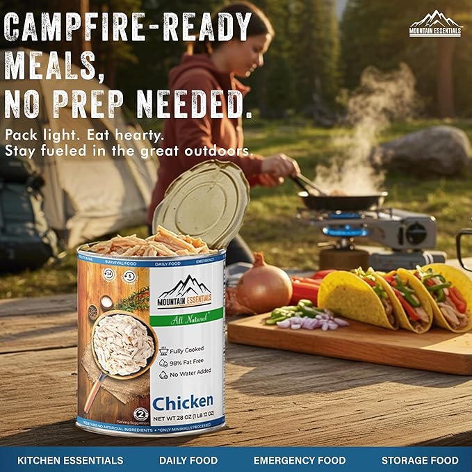 MOUNTAIN ESSENTIALS Fully Cooked Canned Chicken 28 Oz – White Meat for Daily Meals, Camping & Emergency Food – Great for Snack, Lunch, Dinner Recipes – 5-Year Shelf Life – Made in USA – Pack of 6