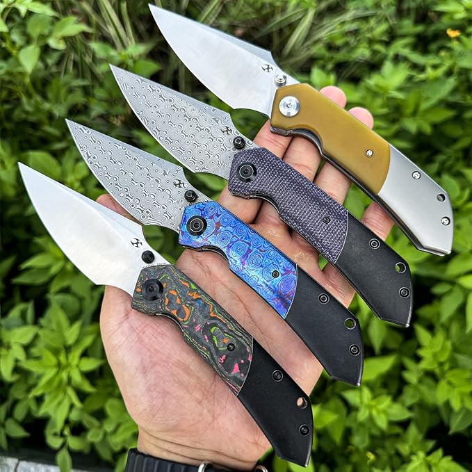 KANSEPT Fenrir Pocket Folding Knives for Men Women EDC Camping Fishing Knives 3.48'' Damascus Harpoon Blade Knives with Black Stonewashed Titanium Timascus Handle and Ti Clip Tactical K1034A8