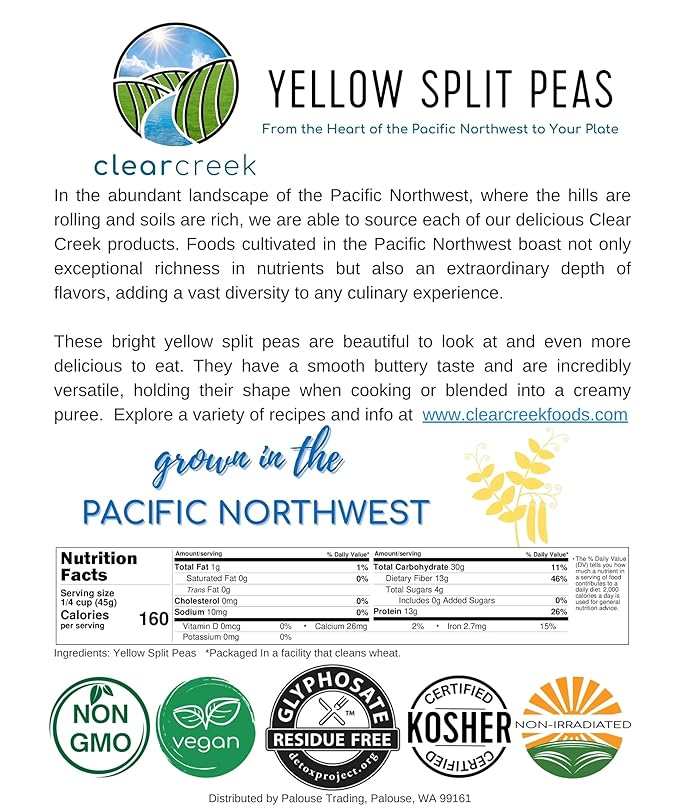 CLEAR CREEK Certified Glyphosate Residue Free Yellow Split Peas | 25 lb Bucket | Non-GMO | Kosher | Vegan | Dried | Emergency Food | Non-Irradiated