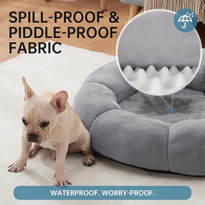OhGeni 31 inches Calming Donut Orthopedic Dog & Cat Bed for Medium Pets, Warming Comfort Fluffy Short Pile Fur, Durable Waterproof Machine Washable Removable Cover, Round Bed for Puppy, Light Gray