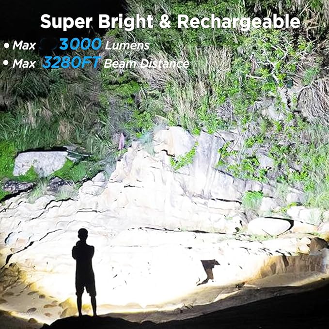Flashlights High Lumens Rechargeable, Super Bright 3000 Lumens Flashlights with USB Cable, Brightest LED Flashlight for Emergencies, High Powered Flash Light IPX6 Waterproof 7 Light Modes Zoomable