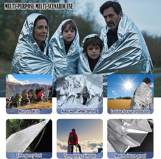 4-Pack Mylar Emergency Thermal Blankets - Waterproof Windproof Survival Gear for Camping, Hiking & Marathons - Retains 95% Body Heat, Tear-Resistant, Reusable Space Blanket (82.7"x63" & 82.7"x51.2")