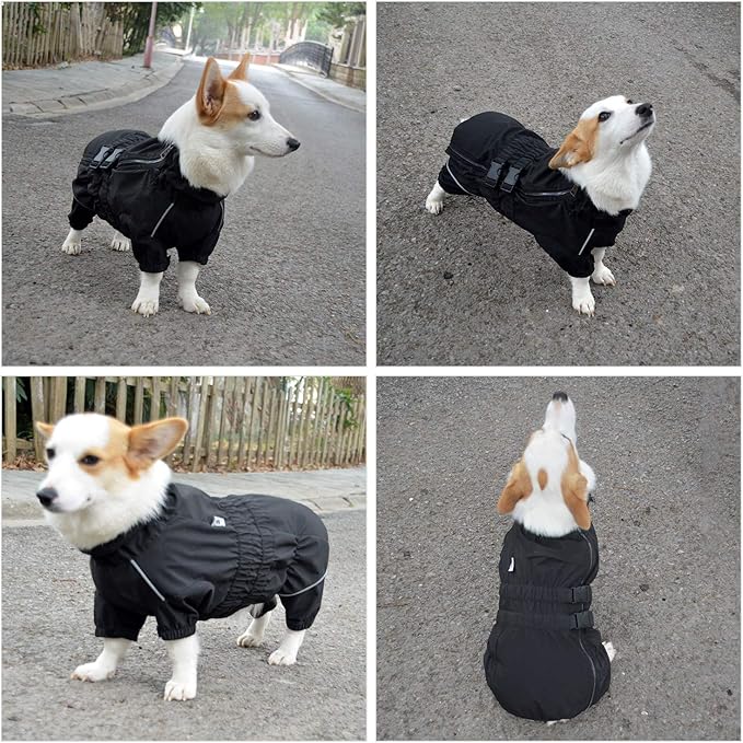 Dogs Waterproof Jacket, Lightweight Waterproof Jacket Reflective Safety Dog Raincoat Windproof Snow-Proof Dog Vest for Corgis Dachshund Small Medium Large Dogs Black D-L