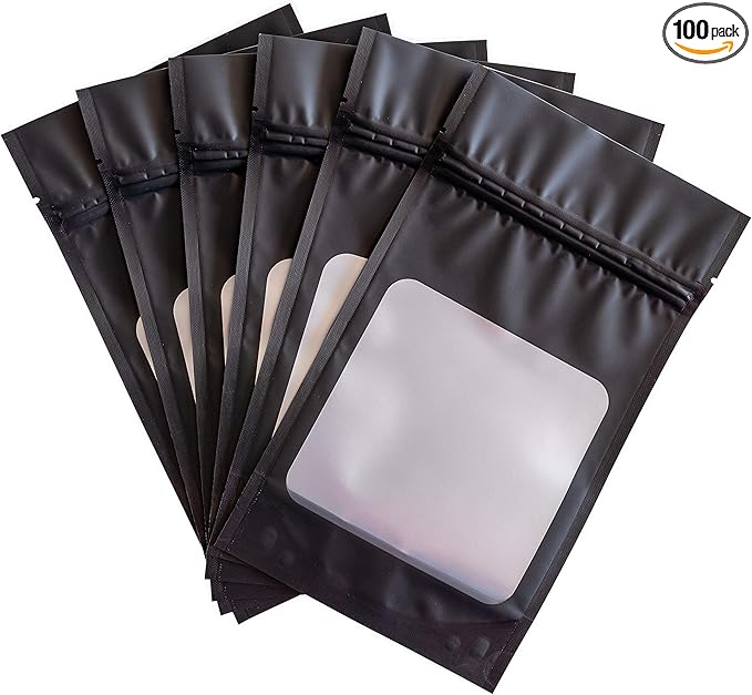HANSER | Smell Proof Odorless Mylar Resealable Foil Pouch Bags with clear Window | Stand up bottom | Airtight | matte black | 100 Pieces | 4.8x8.2 Inches