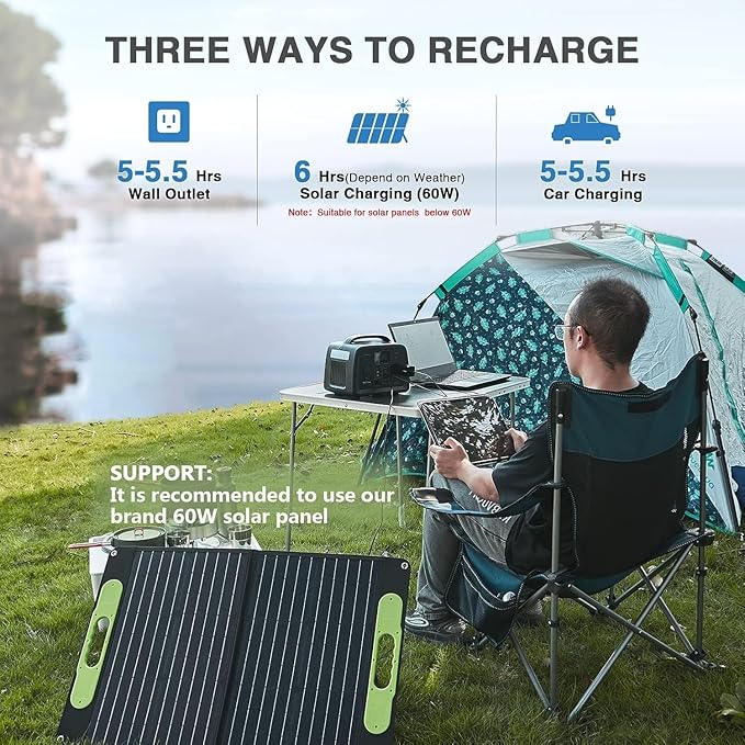 BLUERISE Solar Generator 320Wh Portable LiFePO4 Power Station with Foldable Solar Panels 60W with 2 AC Outlet 110V/300W Solar Mobile Battery Packup for Camping Hunting Home Emergency