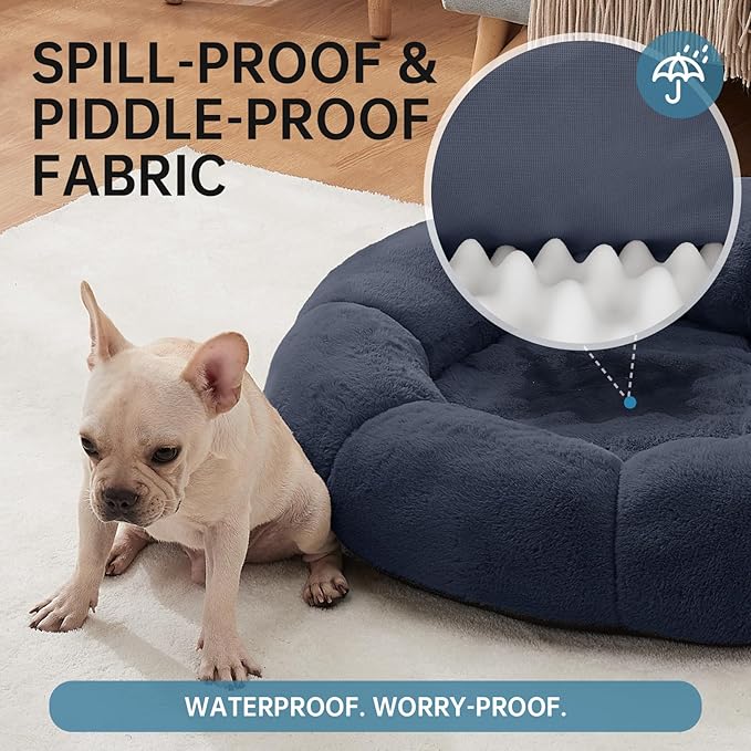 OhGeni 31 inches Calming Donut Orthopedic Dog & Cat Bed for Medium Pets, Warming Comfort Fluffy Short Pile Fur, Durable Waterproof Machine Washable Removable Cover, Cute Round Bed for Puppy, Blue