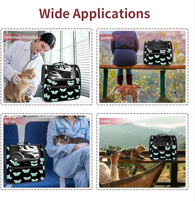 Butterfly on Black Background Cat Carriers Dog Carrier Pet Carrier with Locking Safety Zippers for Cats, Kitties, Puppies and Small Dogs