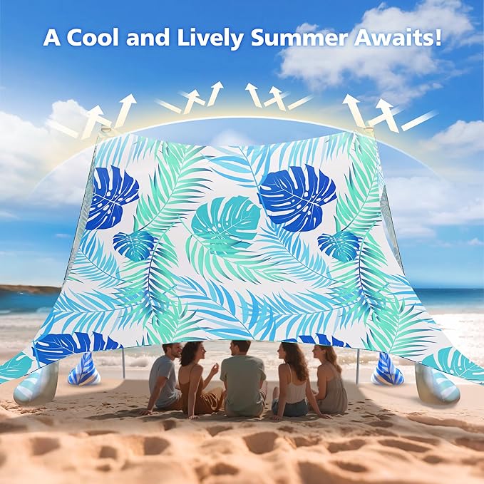 2PM SPORTS Beach Tent Canopy with UPF50+ UV Protection, Outdoor Large Beach Sun Shade Shelter for Family Picnic Camping Travel Shore Fishing, 8 Sandbags, Sand Shovel (Leaf, 8x8 FT)