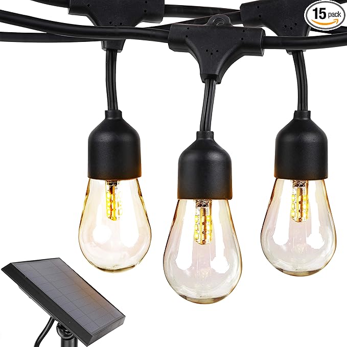 Brightech Ambience Pro - 48 Ft Waterproof, Solar Power Outdoor String Lights - 1W LED Hanging Edison Bulbs Create Bistro Ambience in Your Yard - Commercial Grade, Shatterproof - 15 Lights, Soft White
