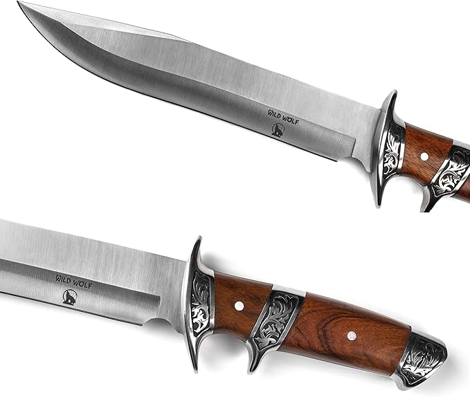 Wild Wolf X42 Survival Camping Fishing Fixed Semi-Full Tang Blade Hunting Knife with Rosewood Handle and Leather Sheath