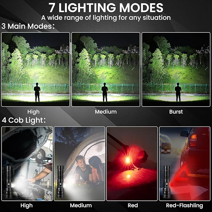 Rechargeable Flashlight 99000 High Lumens, Super Bright LED Flashlight with 7 Modes, Waterproof Powerful Flash Light for Camping, Home, Emerge?©cies (Black)