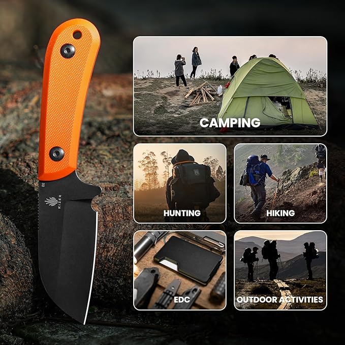 Kizer Deckhand Fixed Blade Knife with Sheath, D2 Blade Camping Knife G10 Handle, Fixed Blade EDC Knives for Men Women, Outdoor Hunting Hiking Survival Knives 1062M1
