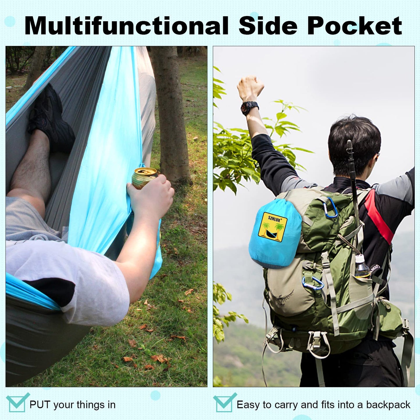 SZHLUX Camping Hammock Double & Single Portable Hammocks with 2 Tree Straps and Attached Carry