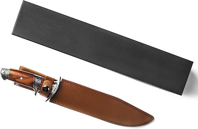 Wild Wolf X42 Survival Camping Fishing Fixed Semi-Full Tang Blade Hunting Knife with Rosewood Handle and Leather Sheath
