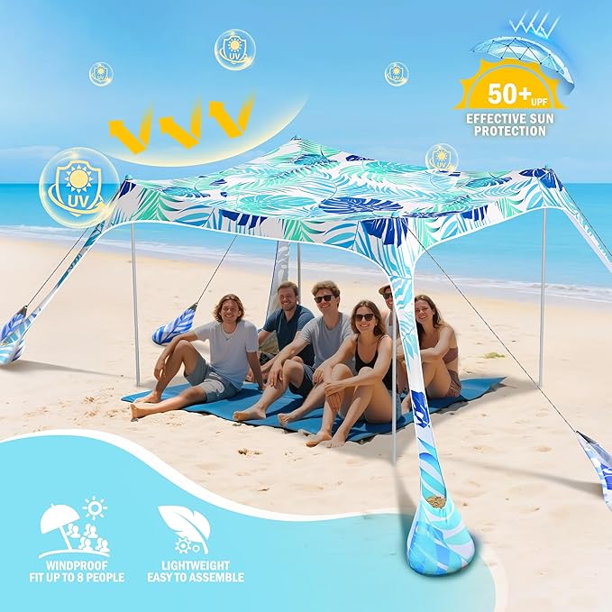2PM SPORTS Beach Tent Canopy with UPF50+ UV Protection, Outdoor Large Beach Sun Shade Shelter for Family Picnic Camping Travel Shore Fishing, 8 Sandbags, Sand Shovel (Leaf, 8x8 FT)