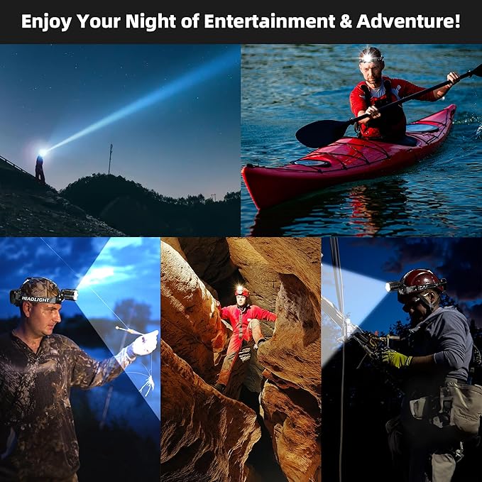 Zmoon High Lumen Rechargeable LED Headlamp 40H Long Battery Life, Super Bright Sensor Head Lamp with 3 Lighting Modes | Zoomable | Power Display | IP67 Waterproof for Camping Hunting Adventures Hiking
