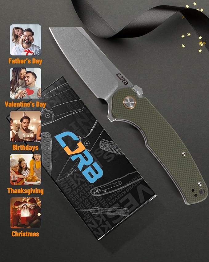 CJRB Crag Tactical Knife, Cleaver Pocket Folding Knife with Stonewash AR-RPM9 Steel Blade and G10 Handle for Men Outdoor, Survival, Camping and EDC (J1904R),Green