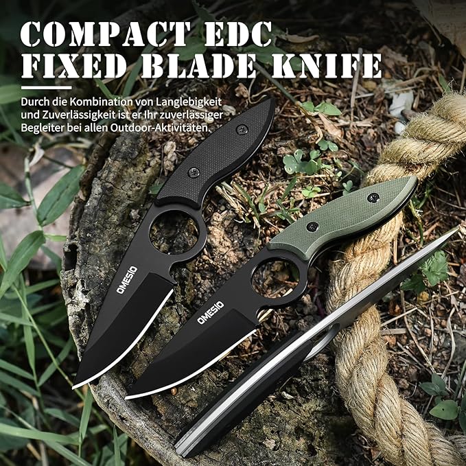 Omesio Fixed Blade Knife with Sheath, 6.92" Tactical Small Horizontal Carry Fixed Blade EDC Knife for Men Women with Kydex Sheath, Black Full Tang Blade G10 Ergonomic Handle, Ideal for Gifting