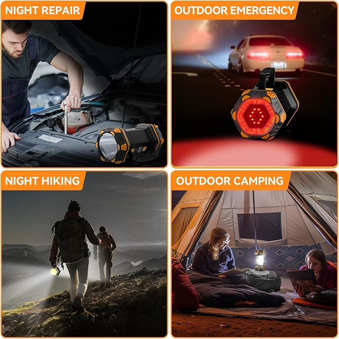 Camping Lantern Rechargeable, 2 Pack Orange LED Camping Flashlight, 4800 Capacity Battery Powered, Portable Camping Light 4+4 Modes for Emergency Outdoor Hiking Power Outages Fishing