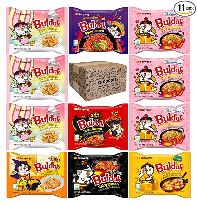 KF GOODIES Korean Ramen Variety Pack Gift Box (11 Count) - Spicy Buldak Noodle Assortment for Birthdays, College Care Packages, Offie Snacks and Gift Baskets