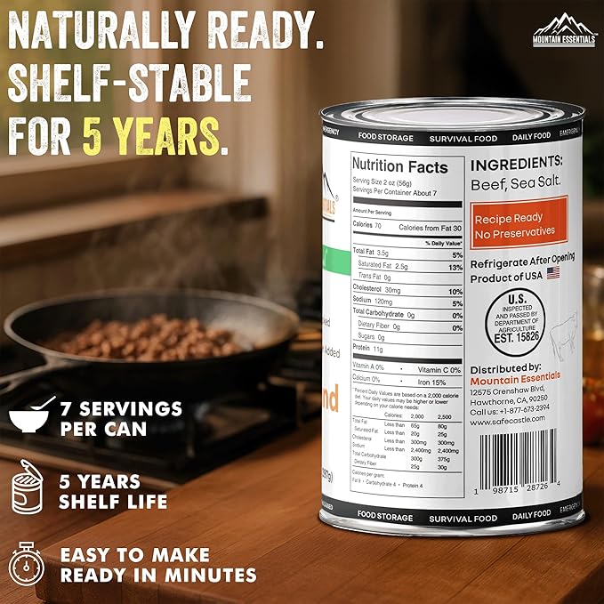 MOUNTAIN ESSENTIALS Ground Beef 14 Oz Fully Cooked Ready to Eat Hamburger Meat Emergency Survival Bulk Food Storage Canned Meat Perfect for Quick Meals 5 Years Shelf Life Made in USA Pack of 24