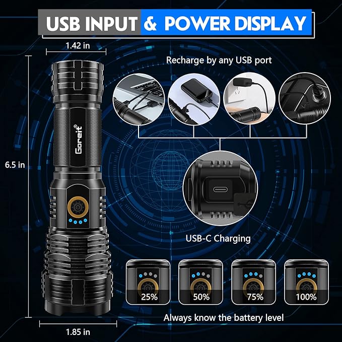 Goreit Flashlights LED High Lumens Rechargeable, 2000 Lumens XHP70.2 Super Bright Flashlight, Flash Light Battery Powered, Powerful Handheld Flashlight with Holster for Emergency Camping Hiking Gift