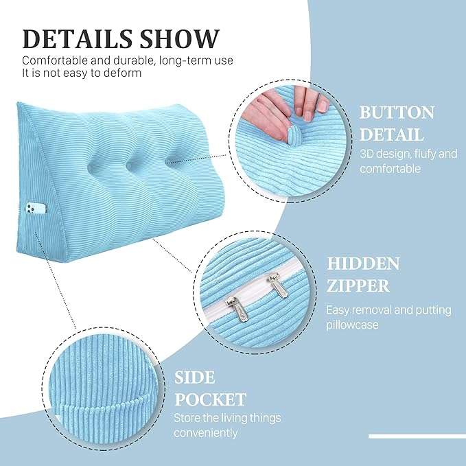 13 lbs Thickened Wedge Pillow Headboard Body Positioner Triangular Reading Pillow Bed Bolster Pillow for Sitting in Bedwith Removable Cover Backrest Sky Blue California King