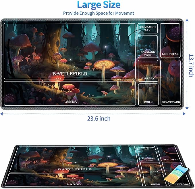 Playmat for MTG with Magic Zones, 24 x 14 inches Game Play Mat for MTG TCG, Trading Card Game Play Mat Desk Mats with Stitched Edges Non-Slip Base, Mushrooms Forest