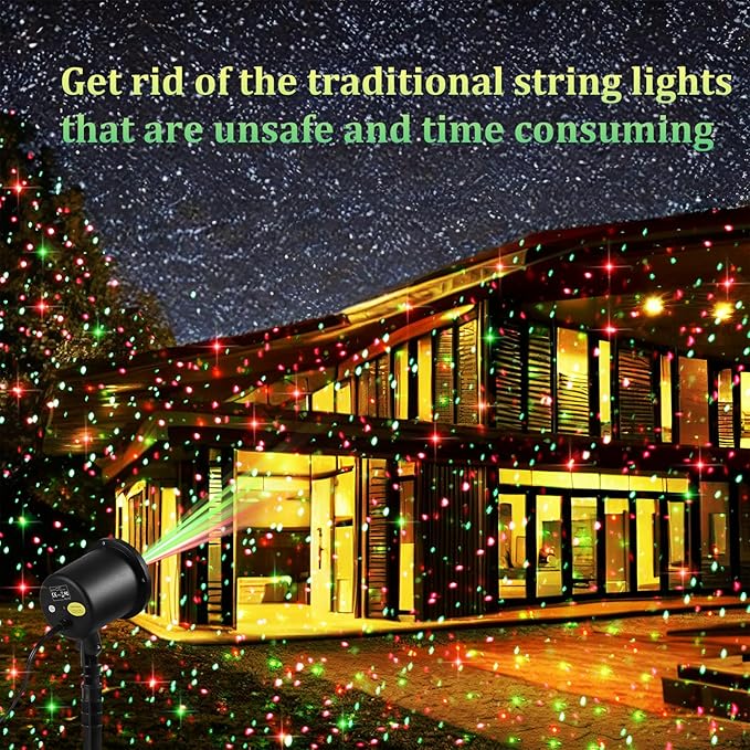 Christmas Laser Light Projector Outdoor, Red & Green Static Star Starry Laser Projector Lights, Christmas Decoration Light Laser Projector New Year Xmas Holiday Lighting Show for Front Yard House Wall