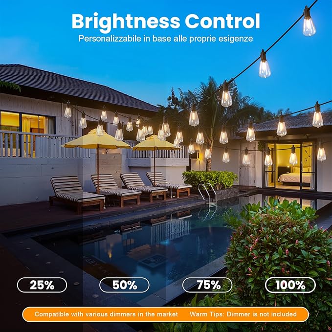 ZOTOYI Outoor String Lights, 25FT Waterproof Patio Lights with 13 (1 Spare) LED ST38 Vintage Edison Shatterproof Bulbs Outside Hanging Light for Backyard, Cafe, Porch, Gazebo Dimmable 2700K