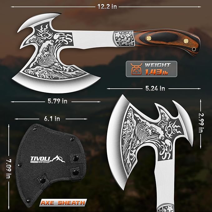 TIVOLI 12.2" Camping Axe, Wave - Patterned Survival Hatchet with Nylon Sheath, Multi Functional Shock-Absorbing High Carbon Steel Blade Outdoor Bushcraft Axe for Camping, Hiking, Chopping, Hunting