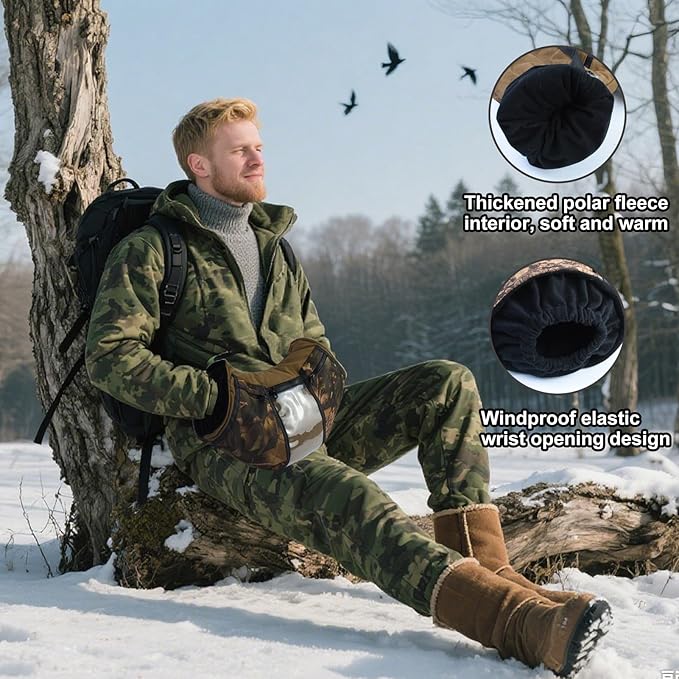 Camo Hunting Hand Warmer Pouch, Polar Fleece Warm Hand Muff Insulated Hunter Hands Warming Pouch Camouflage Hunting Gear with Phone Touchscreen for Men Women Hiking Camping Ice Fishing Cold Protection