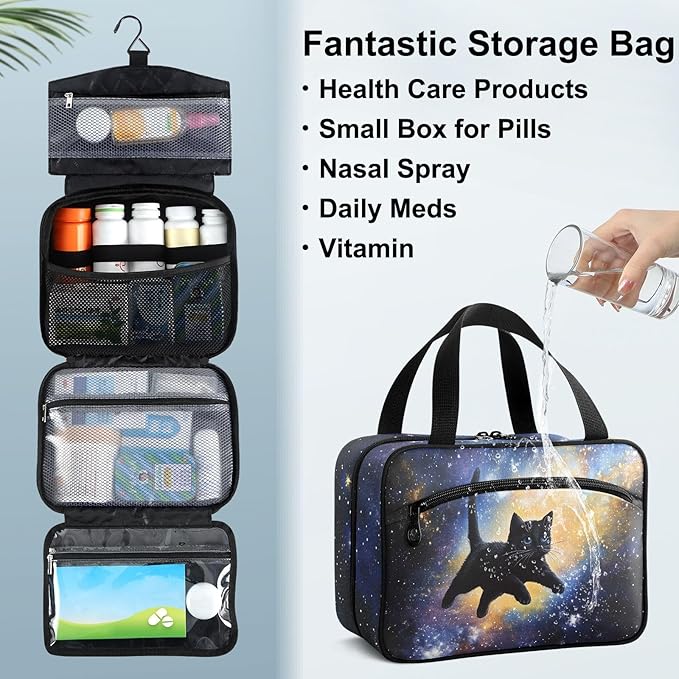 Fustylead Cute Black Cat in Space Pill Organizer Bag Large Medicine Travel Carrying Case with Zipper for Vitamin Supplements Fish Oil, Empty First Aid Kit for Hiking Camping