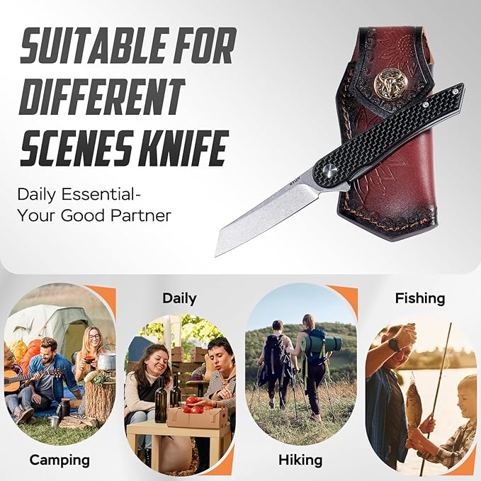 Folding Pocket Knife with Leather Sheath, 2.79??14C28N Steel Blade Carbon Fibre Handle Flipper Liner Lock Small EDC Folding Knife, Sharp Camping Outdoor Survival Knives for Men Women (Black)