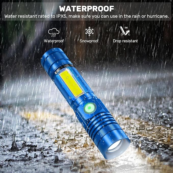 Rechargeable LED Flashlights, Magnetic Flashlight Super Bright Tactical Flashlight with SideLight,USB Rechargeable,Zoomable,Waterproof Best Small Flashlight for Camping, Emergency Blue
