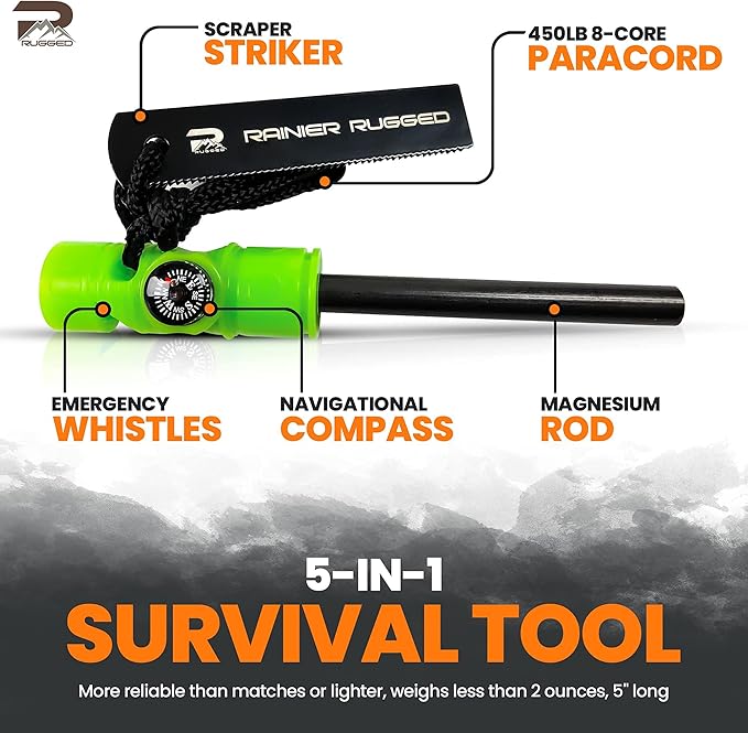 Rainier Rugged 5-in-1 Glow-in-The-Dark Fire Starters Kits with Compass, Signal Mirrors, Whistles -Magnesium Ferro Rods - Compact Portable Hiking, Camping, Trekking,Emergency Survival Rescue
