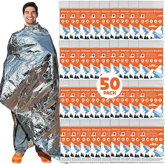 50 Pack Emergency Thermal Blanket Survival, Mylar Blankets for Outdoor, Space Blanket, Silver Foil for Survival, Survival Kit Camping Blankets, Body Warmer, First Aid, Hiking 84” x 52”