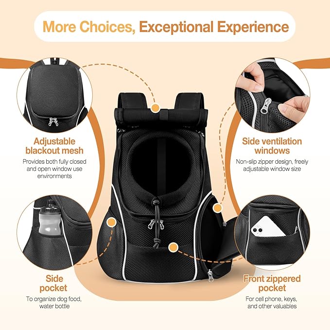 YUDODO Dog Front Carrier Backpack with Sunshade Hood, 2 Head-Out (Front & Side) Breathable Pet Carrier for Small Dogs, Ventilated Lightweight Doggy Backpack for Hiking Outdoor (Upgraded– Jet Black, M)
