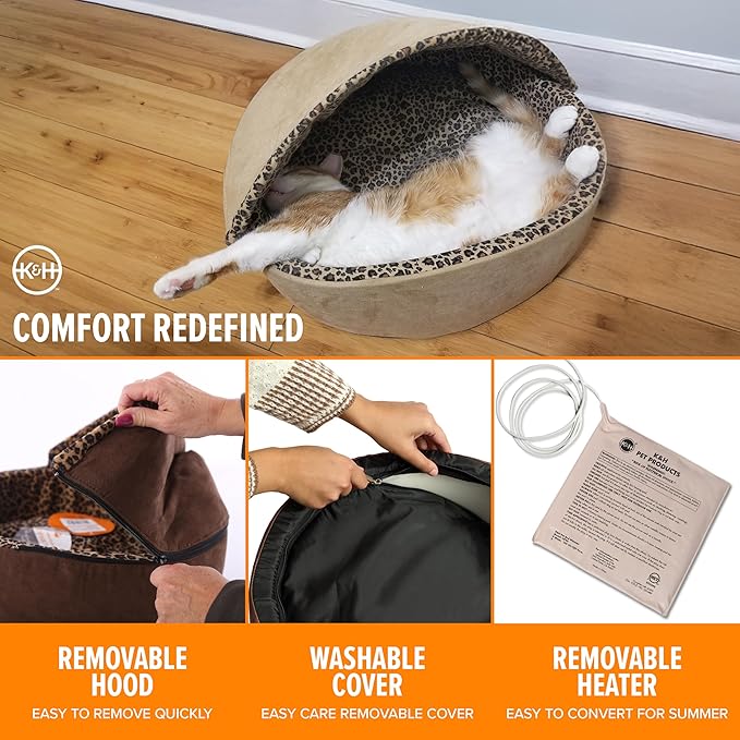 K&H Pet Products Thermo-Kitty Bed Deluxe Heated Cat Bed for Smaller Kitties - Indoor Heated Pet Bed for Dogs & Cats, Covered Cave Pet Tent, Machine Washable, Safety Listed - Small 16in Mocha/Leopard