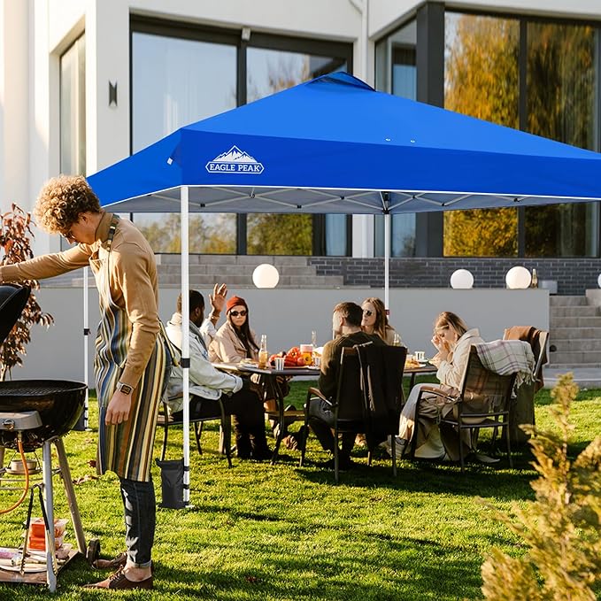 EAGLE PEAK Pop Up Canopy Tent with Wheeled Carry Bag, 8 Stakes, 4 Ropes, 4 Weight Bags, Easy Set Up Tent Canopy, 12x12 ft, 144sqft of Shade, Blue